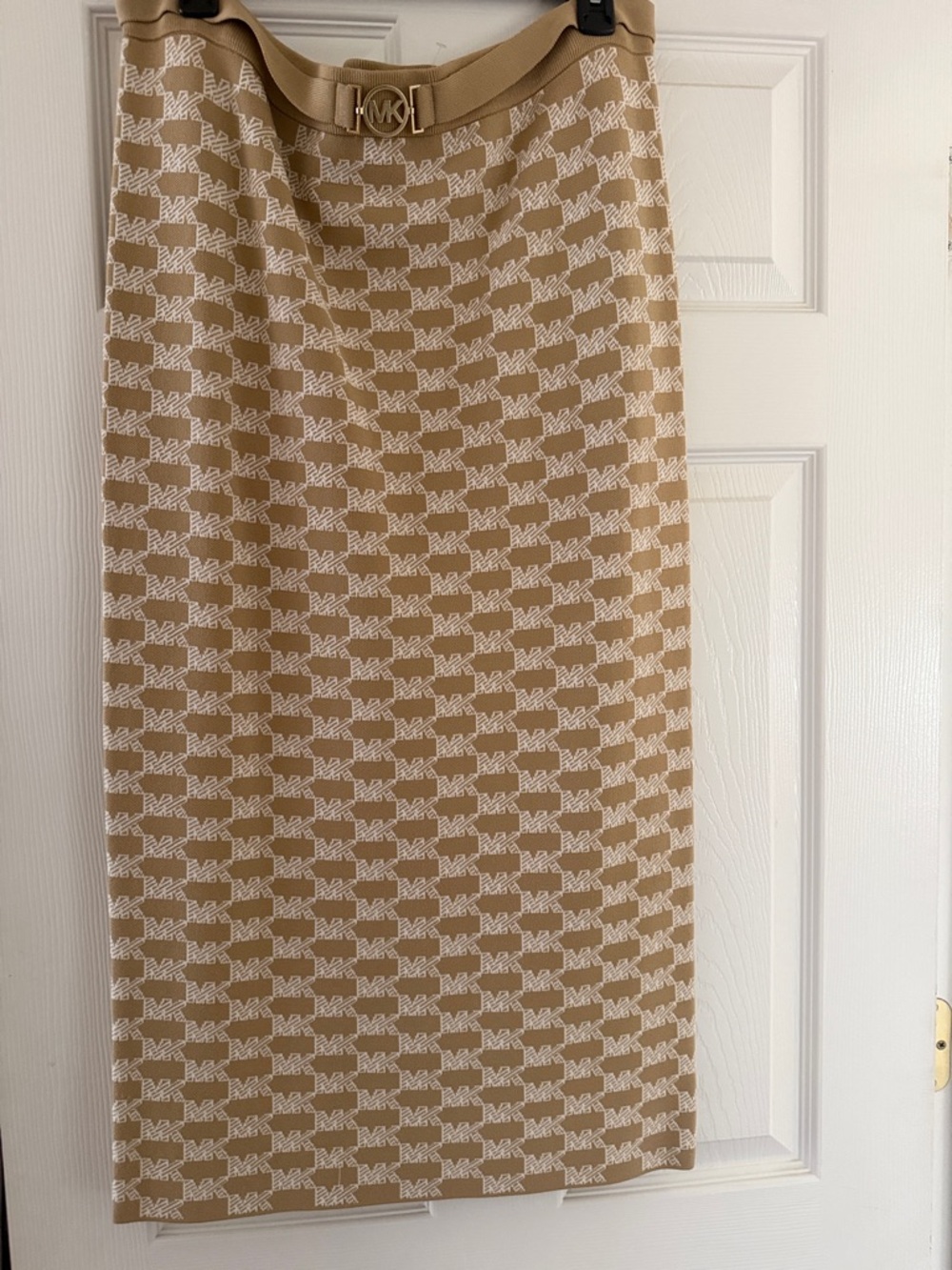 Michael Kors Tan and White Logo Knit Pencil Skirt with MK Belt